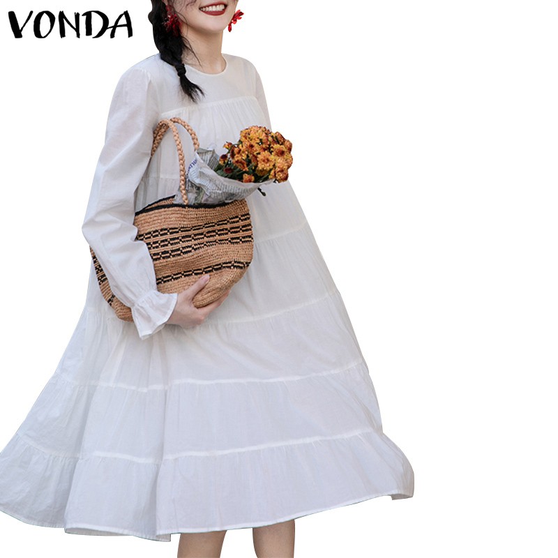 Đầm VONDA Tay Ống Loe Màu Trơn Thời Trang Vintage Cho Nữ