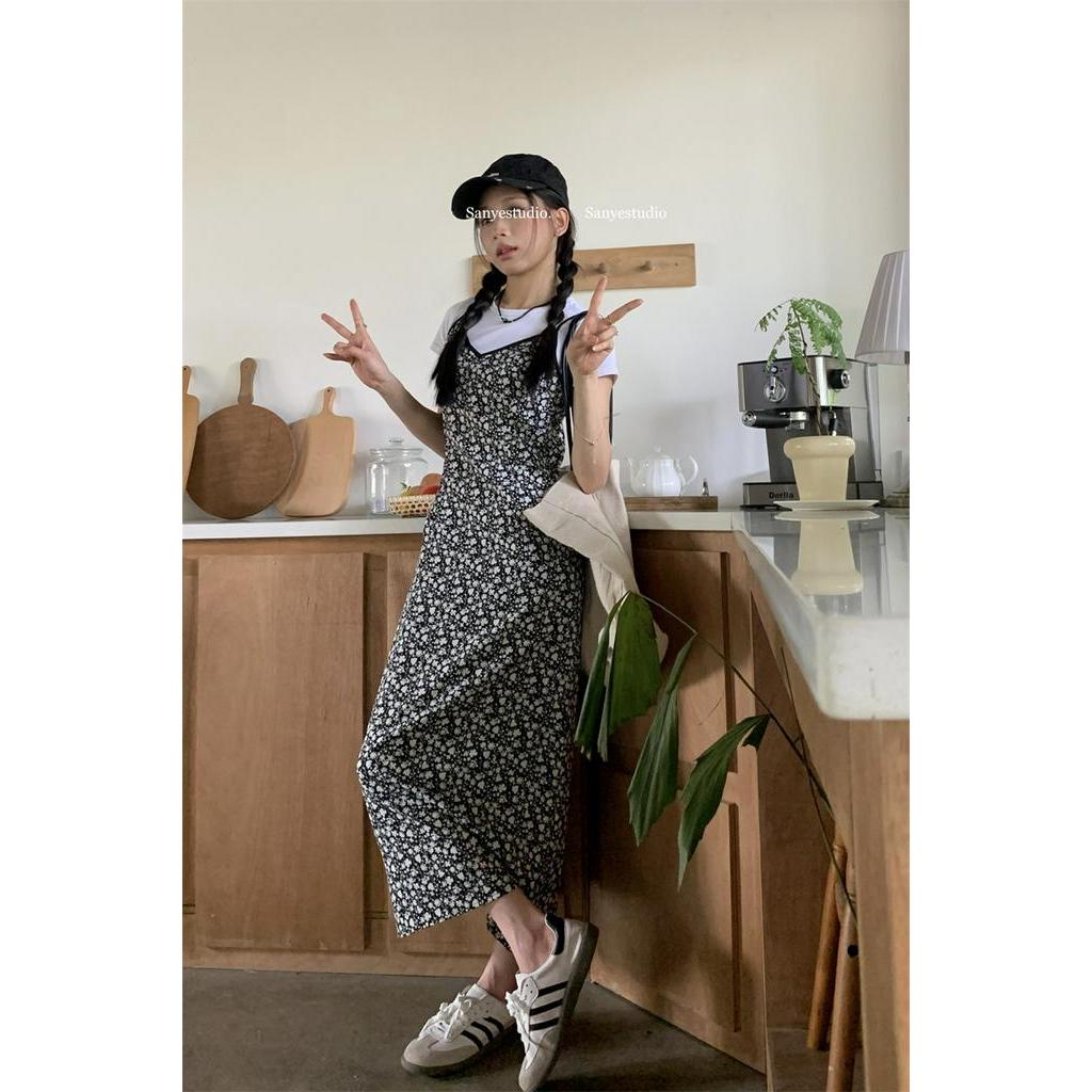 Jumpsuit Hai Dây / Áo Thun Trơn Màu Họa Tiết Hoa Phong Cách Mới 65412