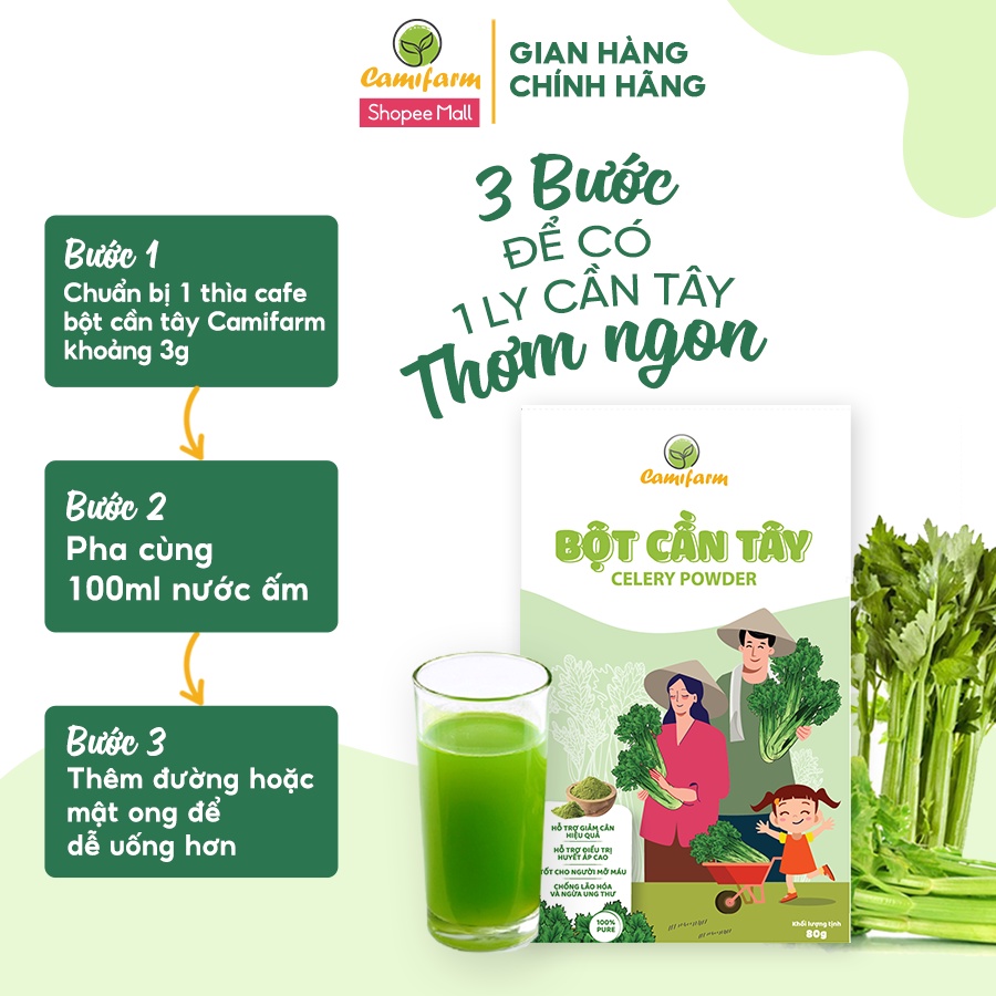 Combo 2 Bột Cần Tây 100% Nguyên Chất CAMIFARM Hỗ Trợ Giảm Cân, Thanh Lọc Cơ Thể Túi 80G