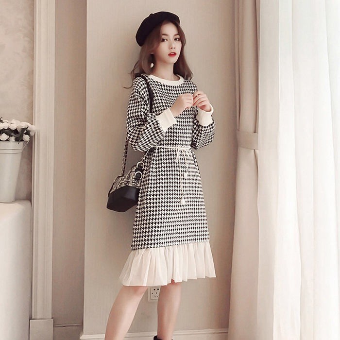 Đầm Len Tay Dài Đến Đầu Gối Họa Tiết Houndstooth Size S-3Xl Thời Trang Mùa Đông