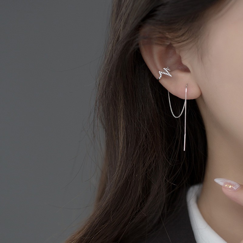 Bông Tai Bạc S925 Ear Cuff Kẹp Vành Nhịp Tim Sợi Thả Trẻ Trung Cá Tính | Khuyên Tai Nữ Trang Sức Bạc Thời Trang