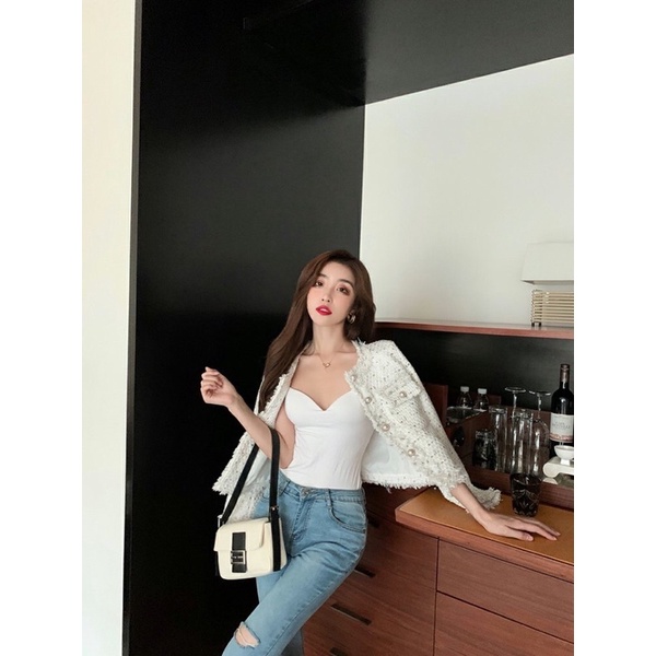 Oder áo dạ tweed hai màu đen-trắng