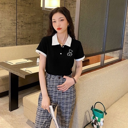 Áo Thun POLO Dệt Kim Tay Ngắn Dáng Rộng Thêu Hình Gấu Dễ Thương