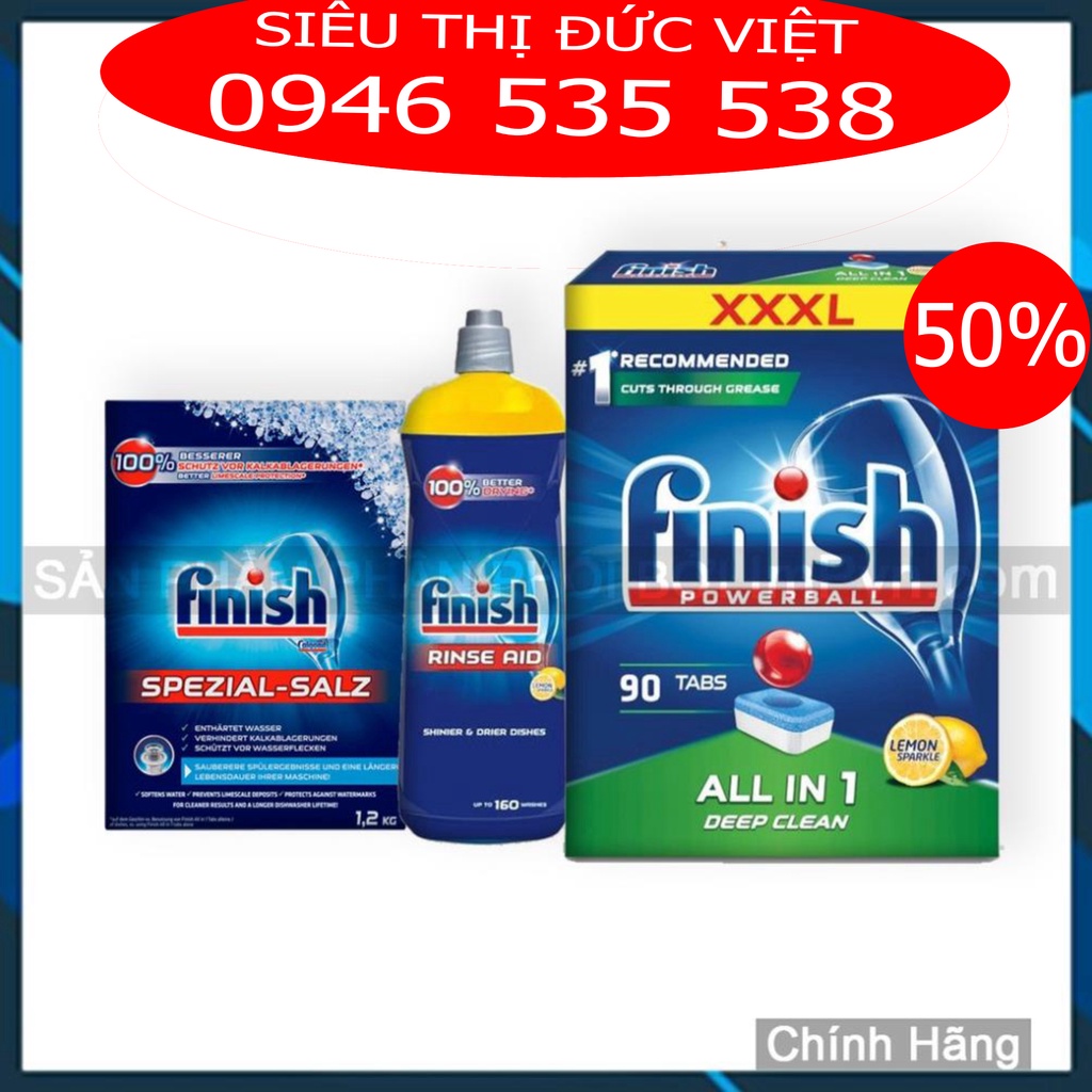 Combo rửa bát Finish Hộp All in one (100 viên hoặc 90 viên), Muối 1.2kg, Nước làm bóng 800ml