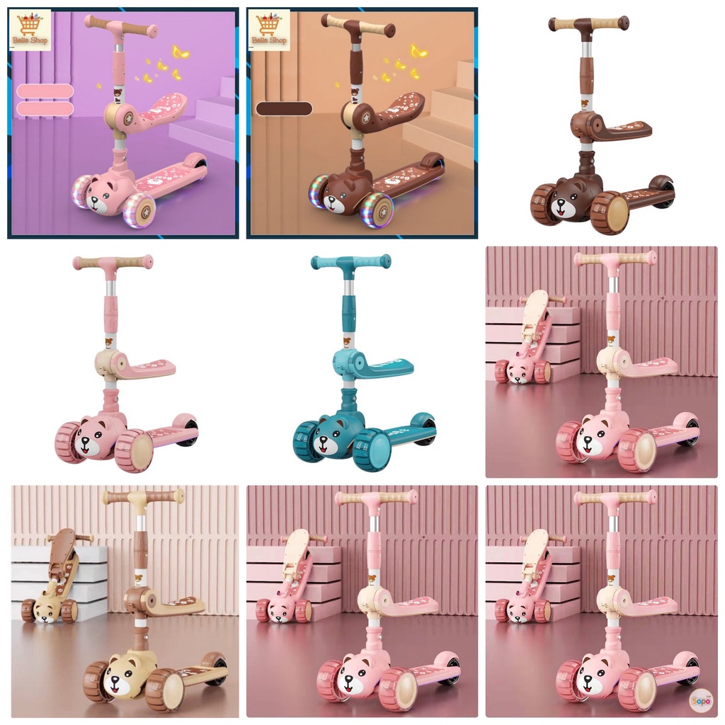 XE TRƯỢT SCOOTER KIÊM XE CHÒI CHÂN GẤU CAO CẤP CÓ NHẠC, ĐÈN KHUNG SIÊU CHẮC CHẮN CHO BÉ SS