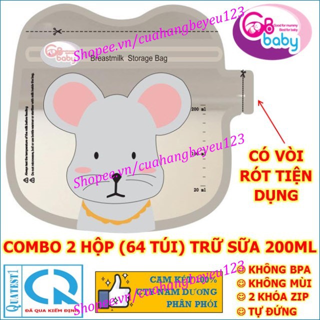 COMBO 2 HỘP - 64 Túi trữ sữa GB Baby 200ml có vòi hình chuột MICKEY G32V - Công nghệ Hàn Quốc