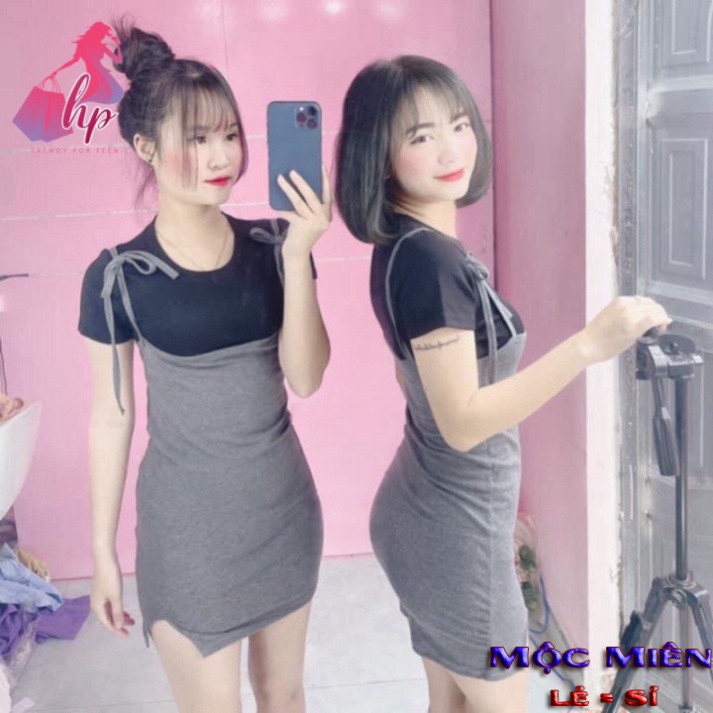 Set váy yếm cột nơ kèm áo thun ngắn tay ôm body mẫu mới mã VD28