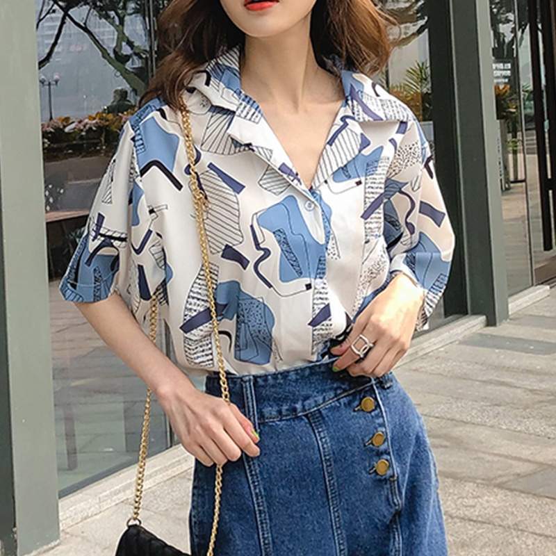 Áo chiffon ngắn tay họa tiết phong cách Retro thời trang cho nữ