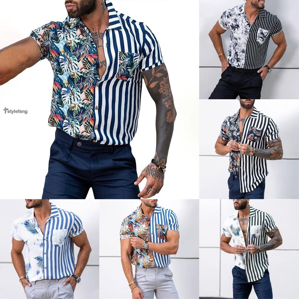 STYLEF-~Men/Mens Button Down Shirt Fitness Short Sleeve Casual Party Hawaiian Tee Top-