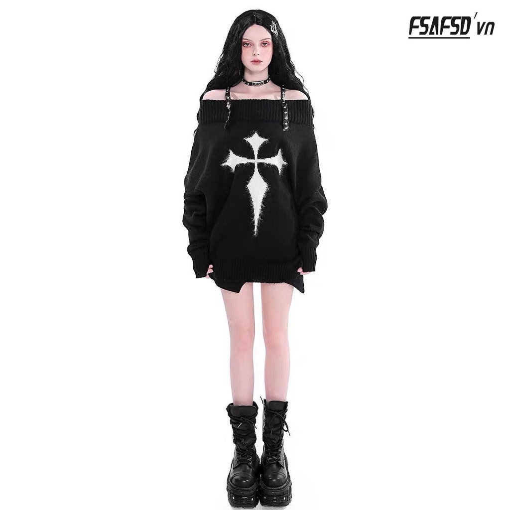 Áo Sweater Dệt Kim Trễ Vai Phối Đinh Tán Xinh Xắn Dành Cho Nữ