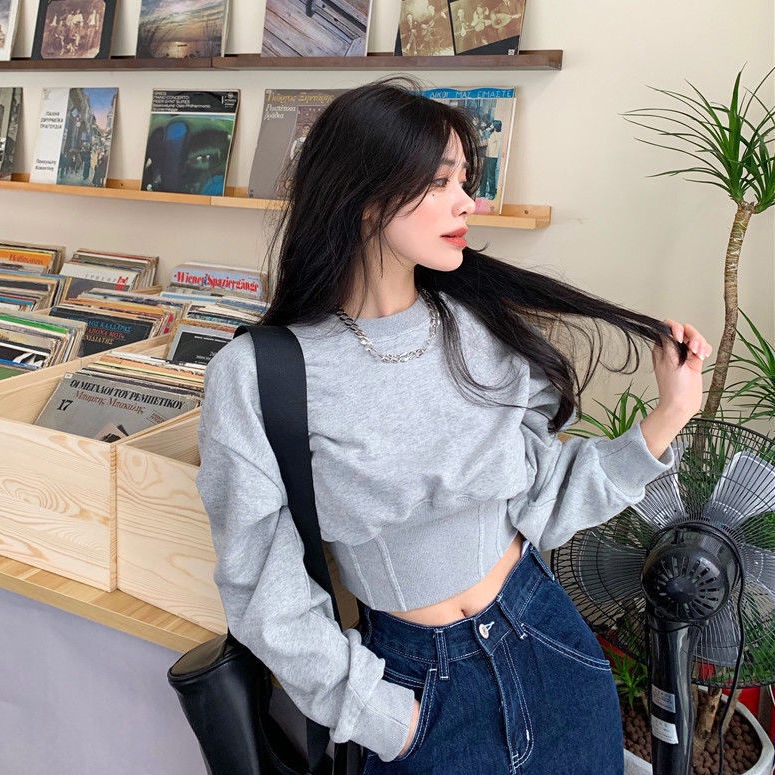 Áo sweater cổ tròn phối nhung dày thời trang thu đông Hàn Quốc mới cho nữ 2021