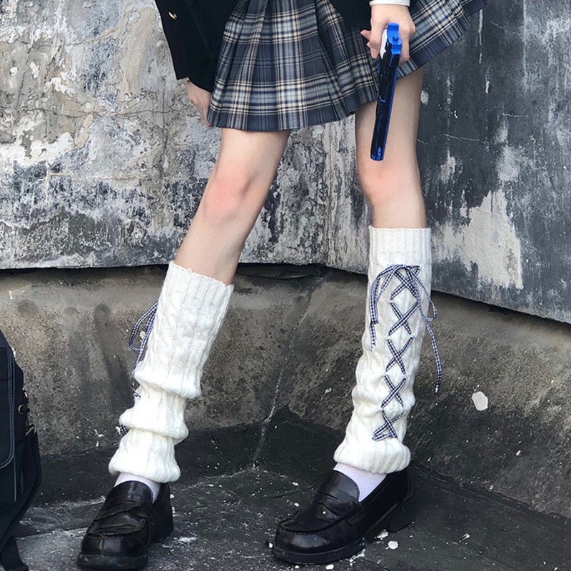 Youyo Vớ Dệt Kim Giữ Ấm Bắp Chân Sọc Caro Phối Ruy Băng Phong Cách Lolita Nhật Bản Cho Nữ