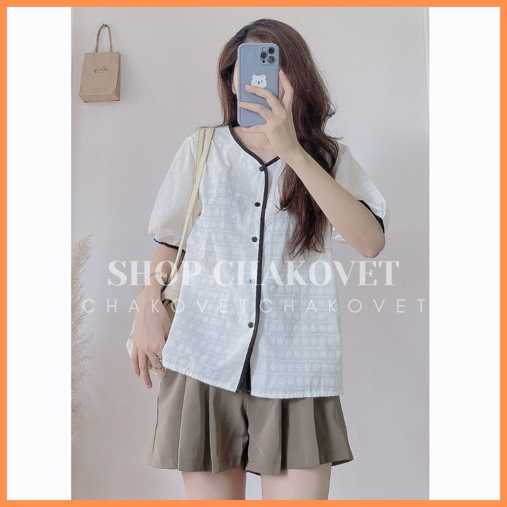 Áo sơ mi nữ tay ngắn trắng CKA860, áo kiểu nữ dễ thương style hàn quốc cổ V vân hoa mặc đẹp dáng xinh áo freesize &lt;53kg