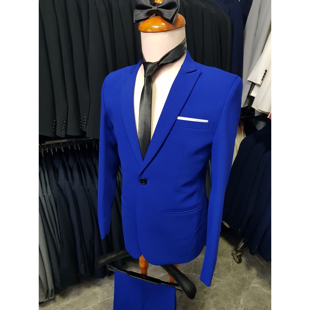 Bộ vest nam ôm body màu xanh coban chất vải dày mịn co giãn + cà vạt nơ