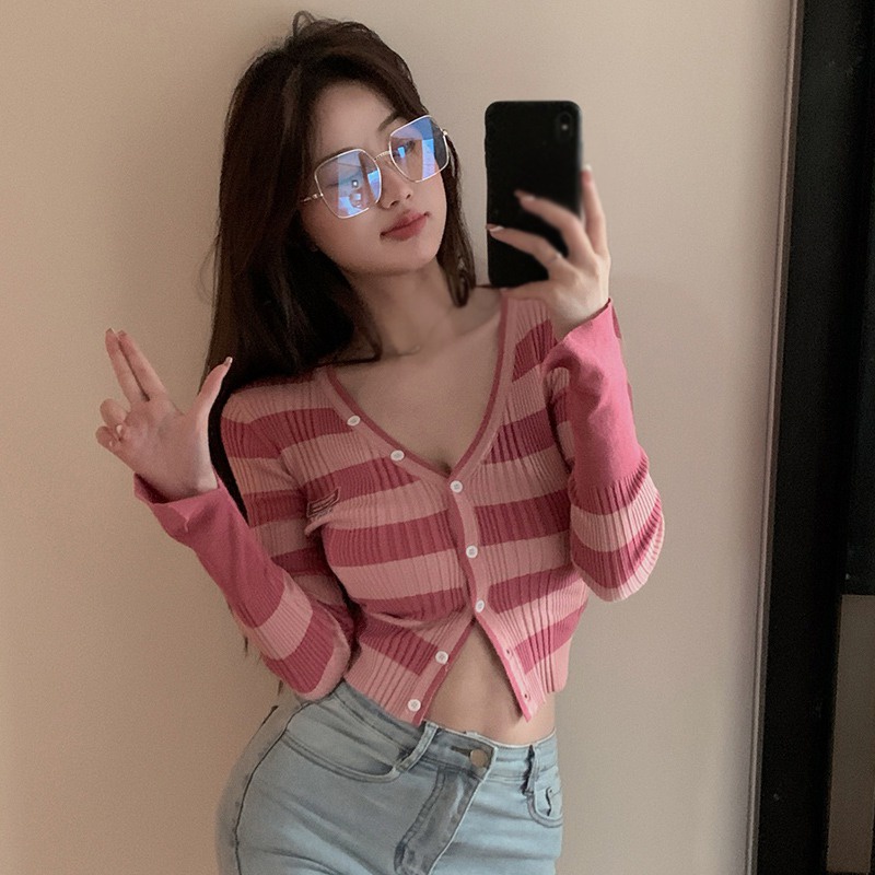 Áo Croptop Dệt Kim Tay Dài Cổ Chữ V Họa Tiết Kẻ Sọc Thời Trang Hàn Quốc Cho Nữ