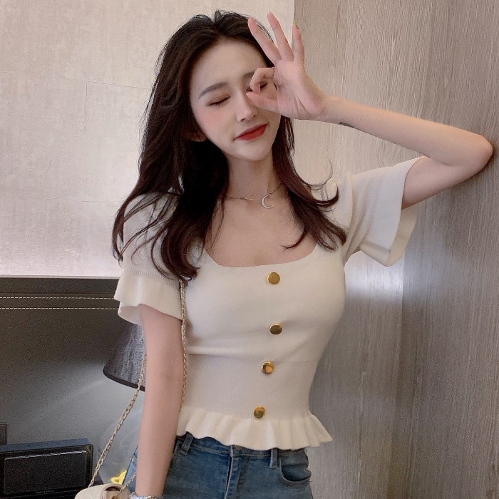 Áo croptop dệt kim tay ngắn thiết kế đơn giản phong cách thời trang Hàn Quốc