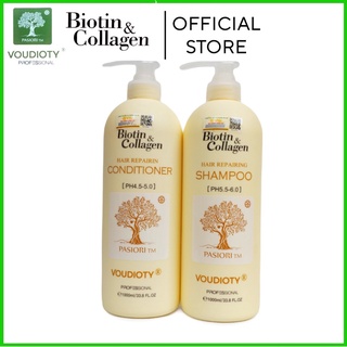 Bộ dầu gội xả biotin collagen voudioty vàng 1000ml, dau goi biotin, siêu phục hồi hư tổn, giảm gãy rụng