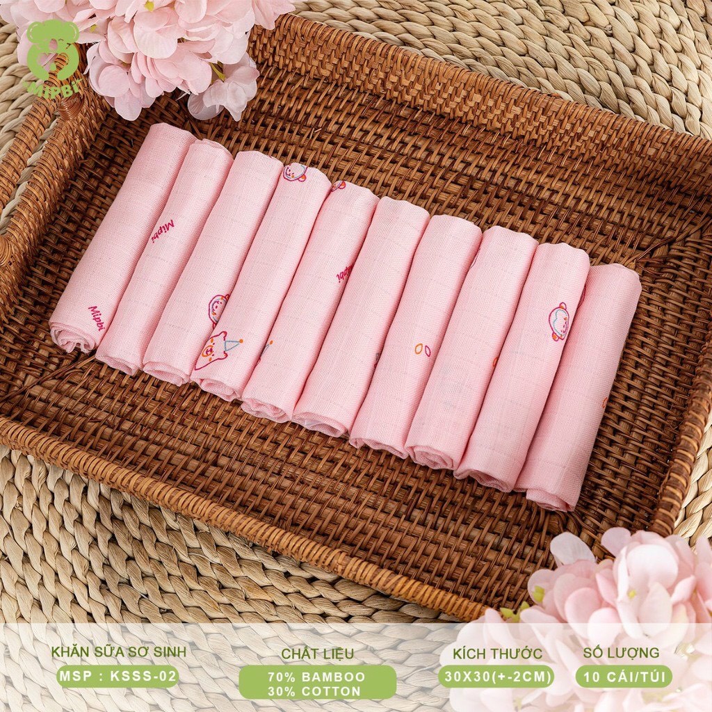 Khăn sữa sơ sinh Mipbi 2 lớp cotton mềm mại, kháng khuẩn KSSS02 (Túi 10 chiếc)