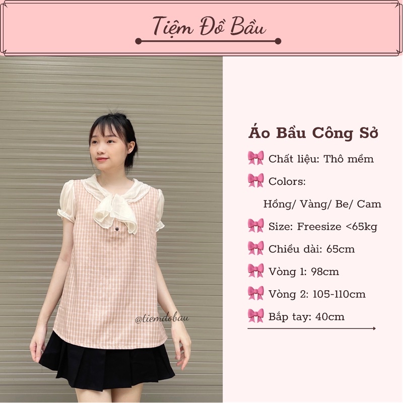 Áo bầu CÔNG SỞ thời trang đi làm mùa hè chất đẹp mát sọc caro xinh nơ cổ voan đẹp (Ảnh thật)