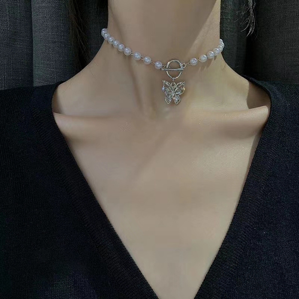 Dây Chuyền Hợp Kim Hình Bướm Đính Ngọc Trai Giả Xinh Xắn Retro