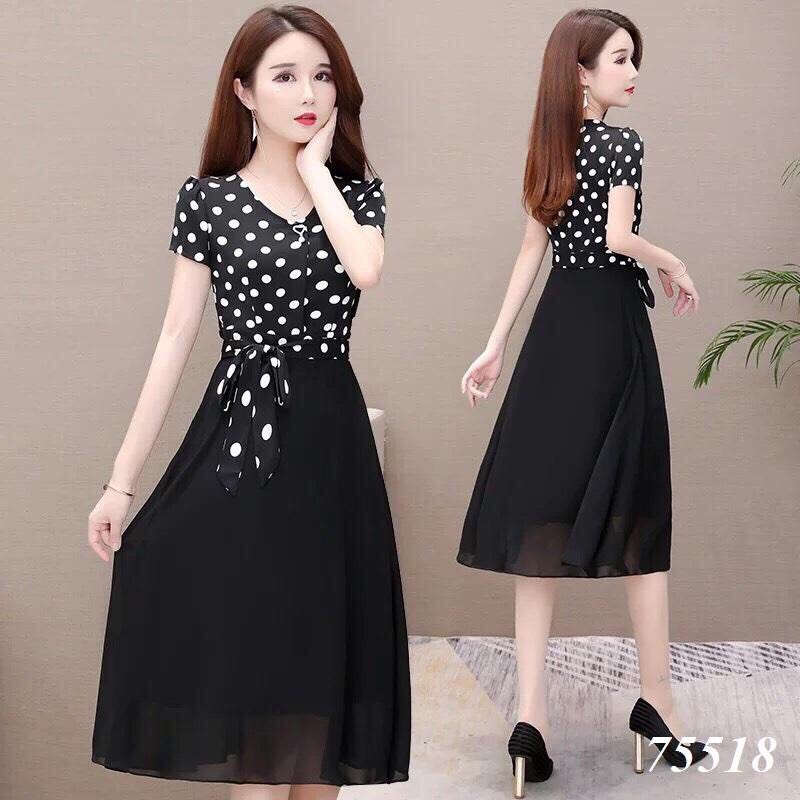 Đầm xòe chiffon chấm bi thắt nơ eo