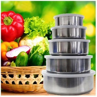 Set 5 hộp lạnh inox nắp nhựa - Bộ thố inox, hộp đựng thực phẩm 5 chiếc có nắp đậy