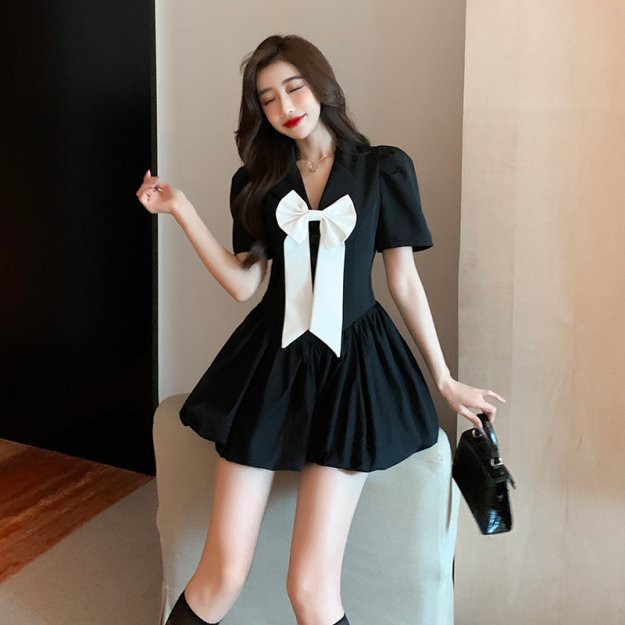 Đầm Xòe Cổ Sơ Mi Nơ Ngực LSEOUL V1085 Ngọt Ngào Nữ Tính