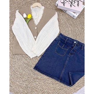 Set 3 món áo sơ mi babydoll kèm áo gile len và chân váy jeans tiểu thư vintage