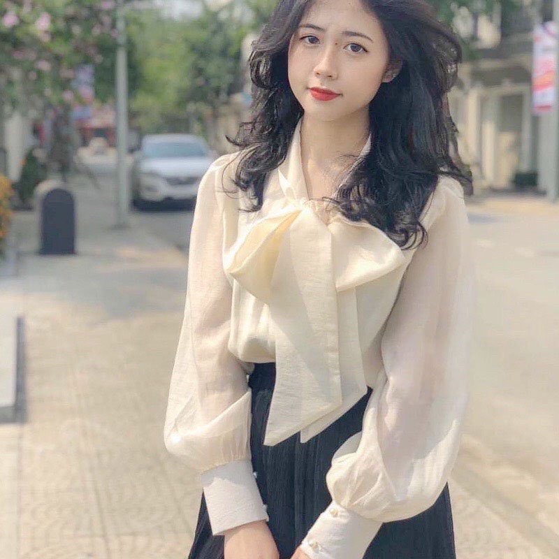 áo sơ mi nữ đẹp kiểu Hàn Quốc form rộng tay dài chất lụa cao cấp màu Trắng Be, thắt nơ xinh trước ngực | BigBuy360 - bigbuy360.vn