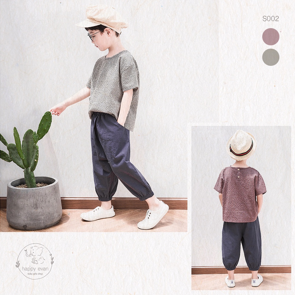 [Happy Evan] Set áo caro vải hemp + quần harem phong cách Nhật, vô cùng nhẹ nhàng, thoáng mát, cá tính cho bé đi chơi.