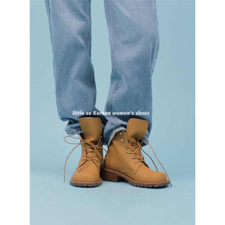 Giày Bốt Martin Da Mềm Gót Dày Mũi Tròn Cột Dây Kiểu Retro Phong Cách Anh Quốc Thời Trang