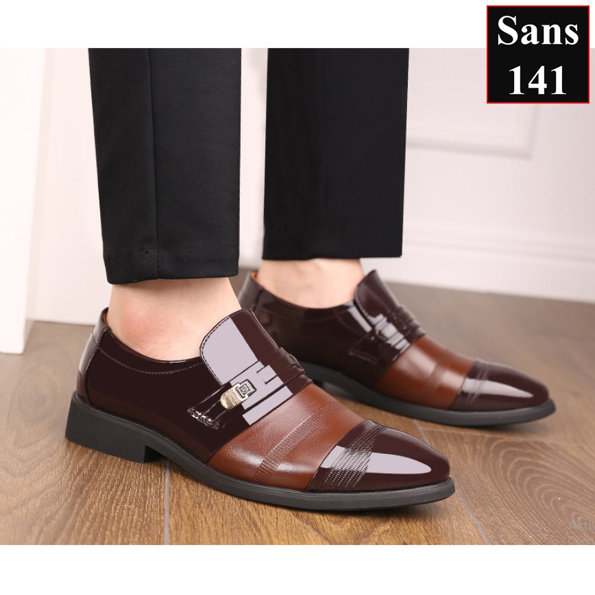Giày da tăng chiều cao 6cm Sans141 giầy tây độn đế da bóng mũi tròn màu nâu đen