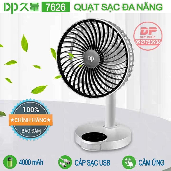 Quạt sạc tích điện kèm đèn led siêu mát DP 7626 - loại lớn - 2 pin sạc dung lượng cao