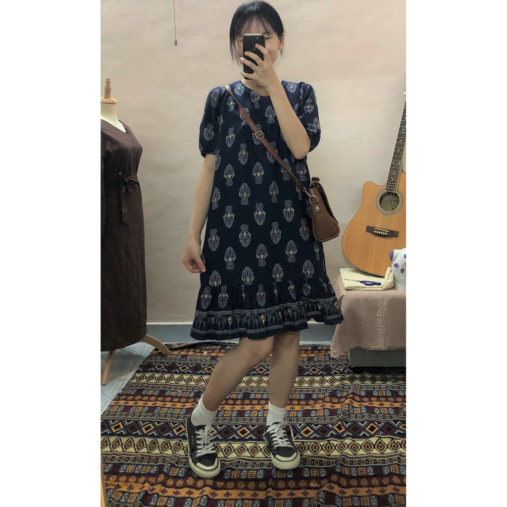 [SALE] Váy Linen 2hand hoa thổ cẩm tay lửng dáng đuôi váy bèo Hàn Quốc xinh xắn, freesize- Tiệm Đồ Phù Thủy