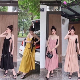 Váy maxi suông 2 dây nơ buộc lệch