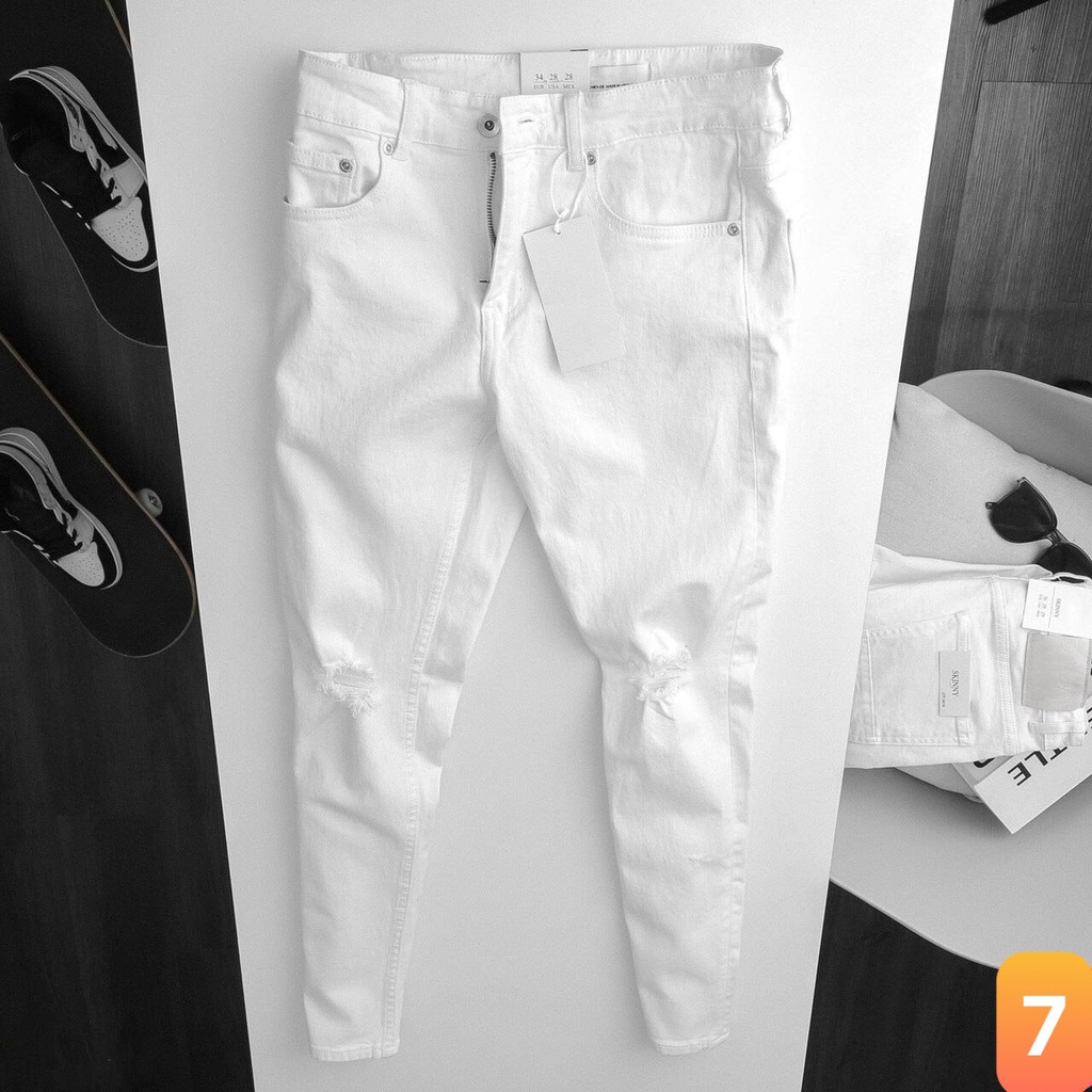 Quần jeans nam màu trắng trơn rách gối chất liệu bò jean cao cấp co dãn 4 chiều đẹp form rin skinny LAVADO30