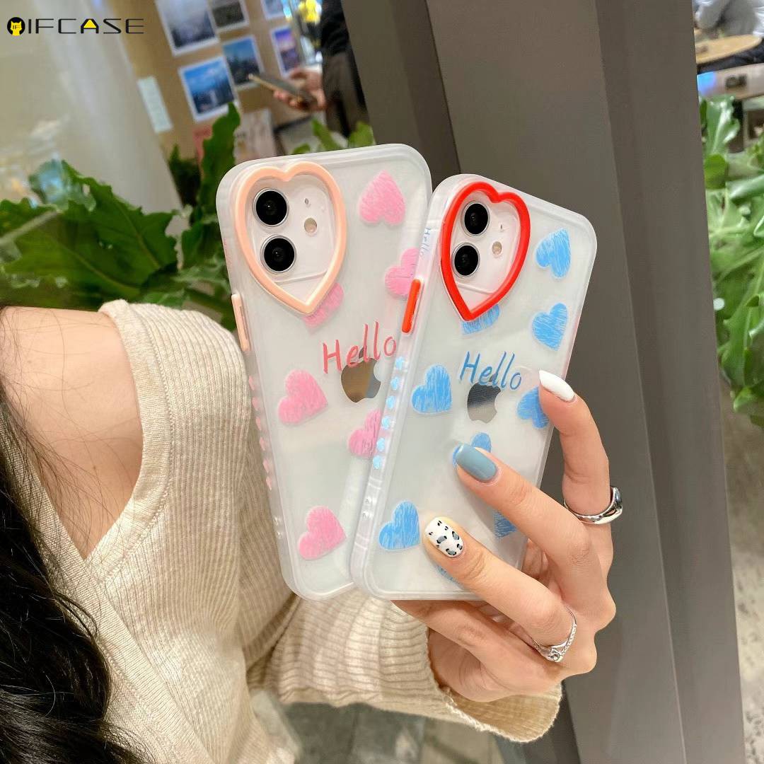 iPhone 12 11 Pro Max XS Max XR XS X 7 8 Plus Phone Case Love Loving Heart Camera Lens Hole Transparent Clear Cute Blue Pink Simple Soft TPU Casing Case Cover