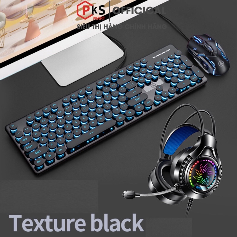 Bàn Phím V8 Và Chuột G5 Tai Nghe Chụp Tai Q7 Gaming YINOIAO Nút Tròn Đèn LED Xuyên Chữ Có 3 Màu Xanh, Hồng, Đen