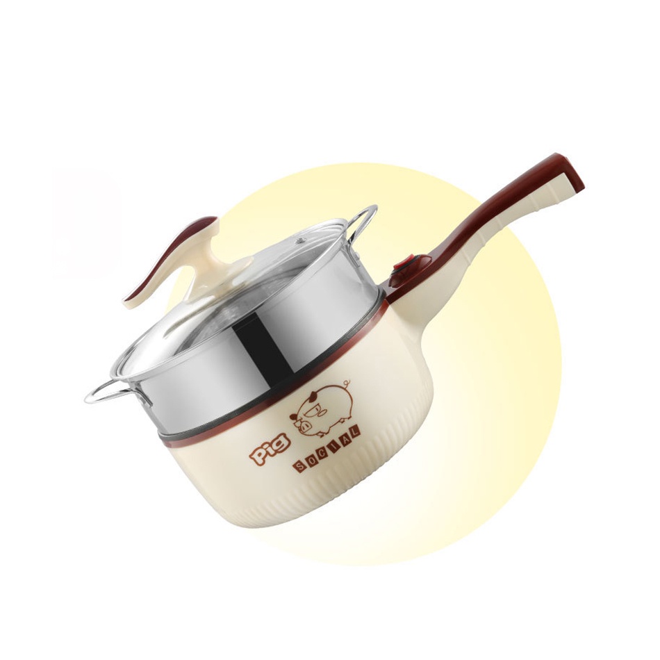 Nồi lẩu điện đa năng Pig Social 600W. Kèm lồng hấp dung tích 1.8L: Nấu cháo, nấu lẩu, hấp...