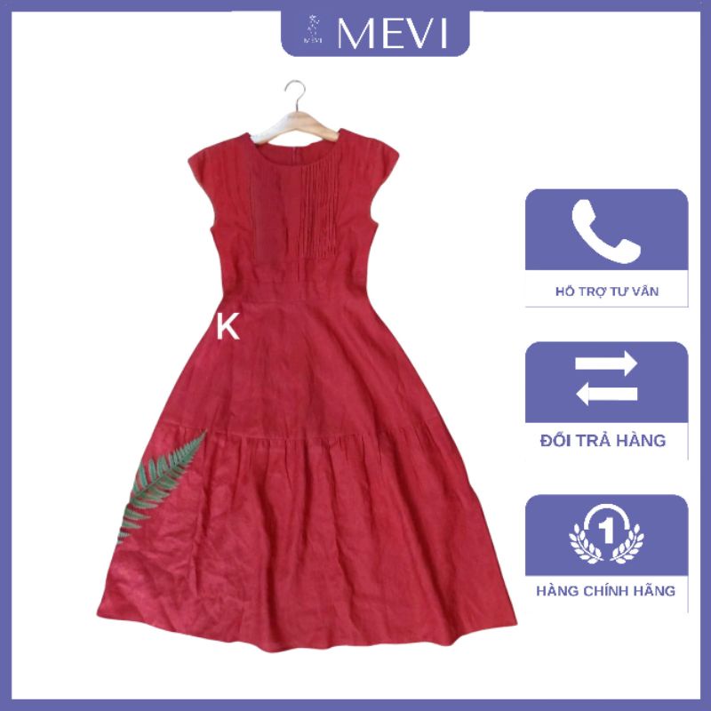 Đầm màu đỏ cổ tròn dáng xòe chất linen thời trang MEVI_V6090