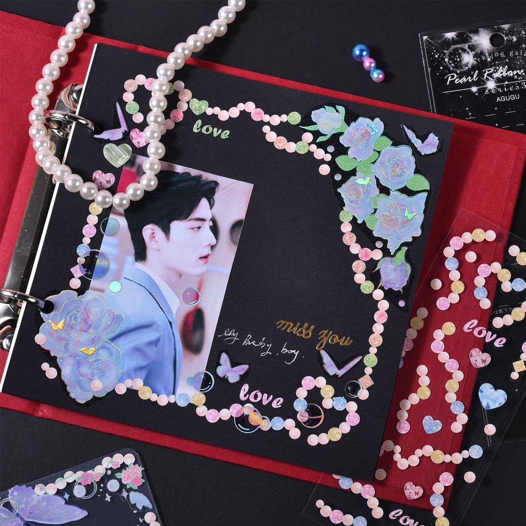 Sticker PVC Lấp Lánh Trang Trí Toploader Ribbon Pearl Series Ngọc Đá