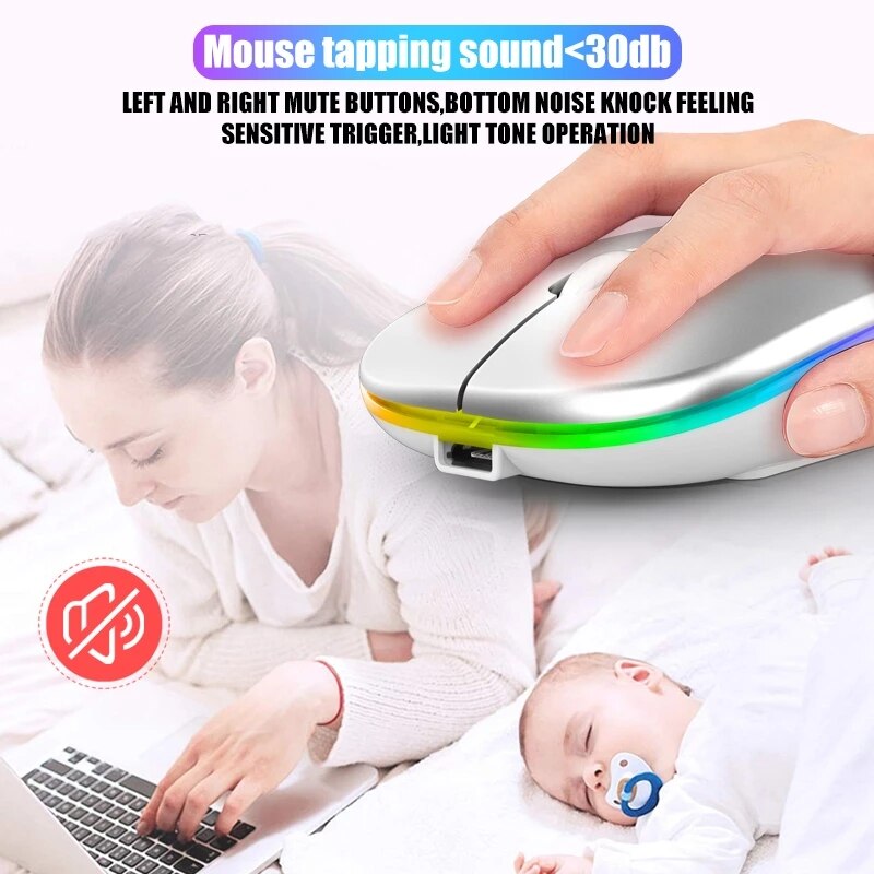 Chuột không dây có thể sạc lại chuột bluetooth RGB, thích hợp cho máy tính xách tay không dây Mause mute LED chuột chơi game PC Macbook tiện dụng