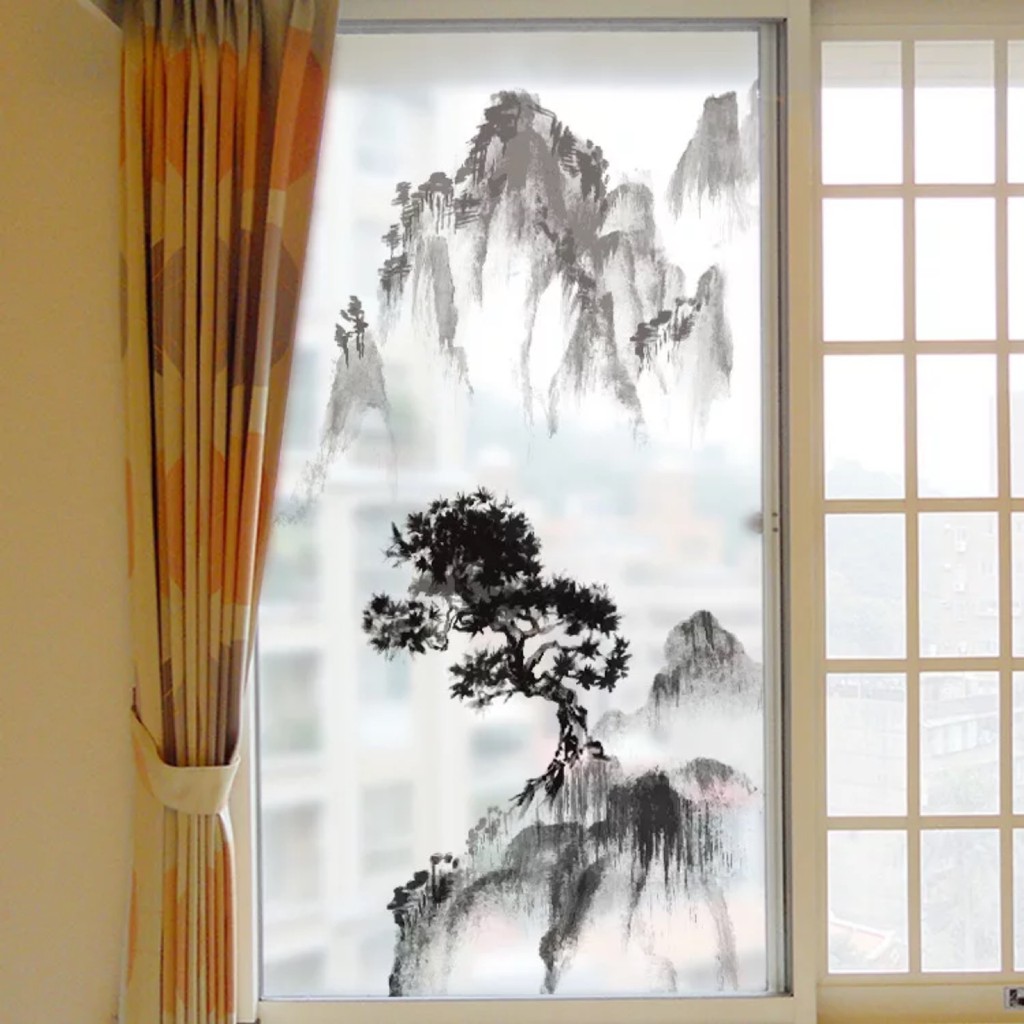 Decal trang trí kính cao cấp mẫu Ngọn Núi lớn và cây to (60cm x 116cm)