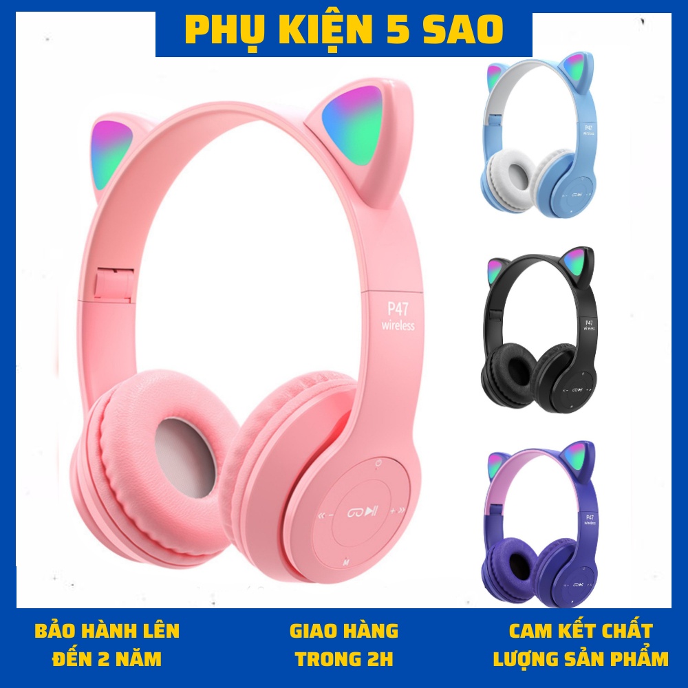 Tai nghe Bluetooth không dây có mic, tai nghe chụp tai bluetooth hình mèo P47M nhiều màu sắc