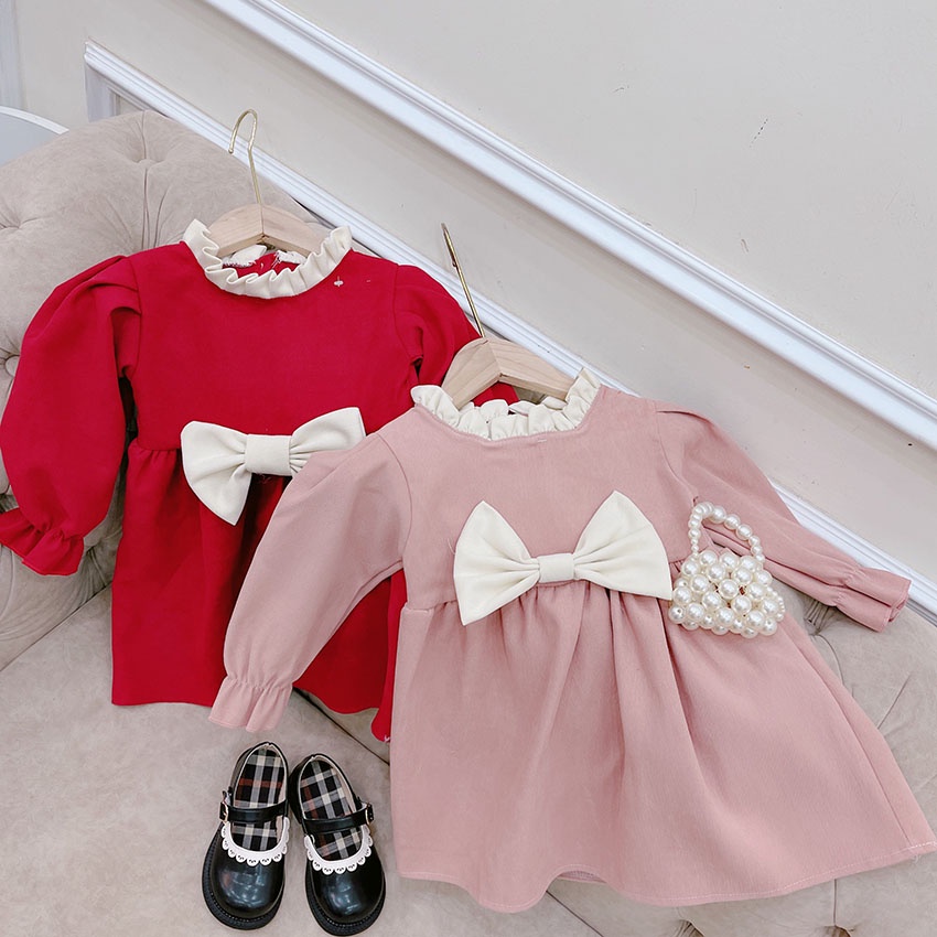 VÁY NHUNG CHO BÉ GÁI SIÊU DÀY DẶN MỀM MẠI PHỐI NƠ CỰC DỄ THƯƠNG CHO BÉ DIỆN TẾT SIZE 11-21KG [V27]