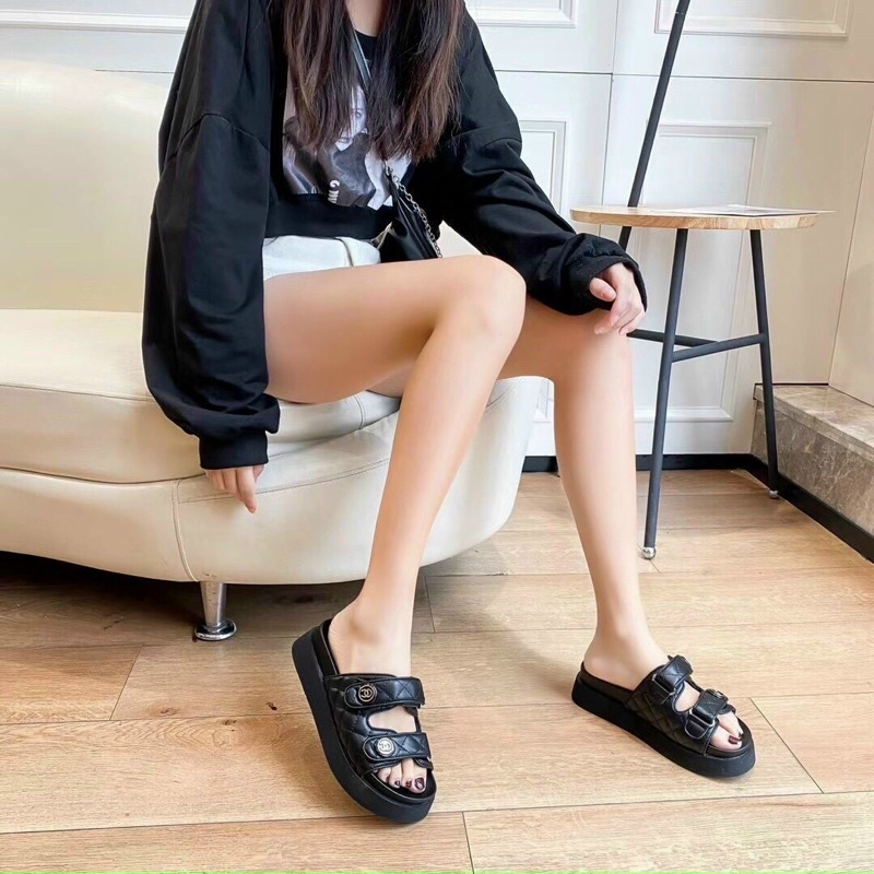 dép nữ đế xuồng chànel bánh mỳ 2 quai ngang màu đen/ trắng thời trang (fullbox Bill túi giấy)