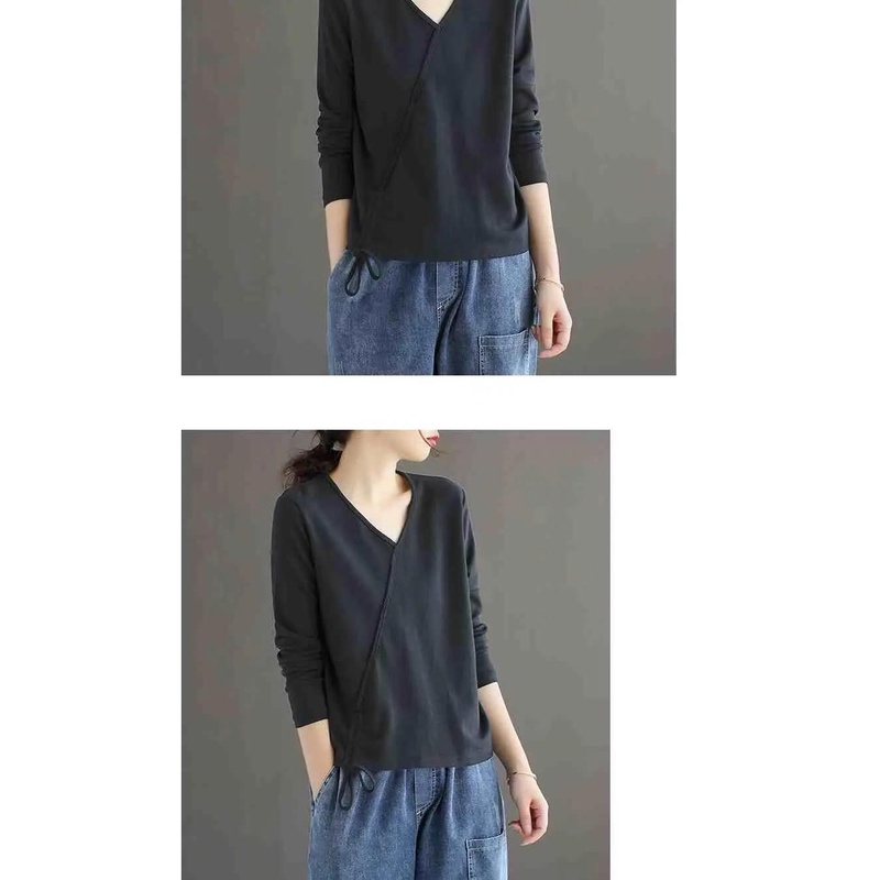 Áo Thun 100% Cotton Tay Dài Cổ Chữ V Màu Sắc Retro Dành Cho Nữ