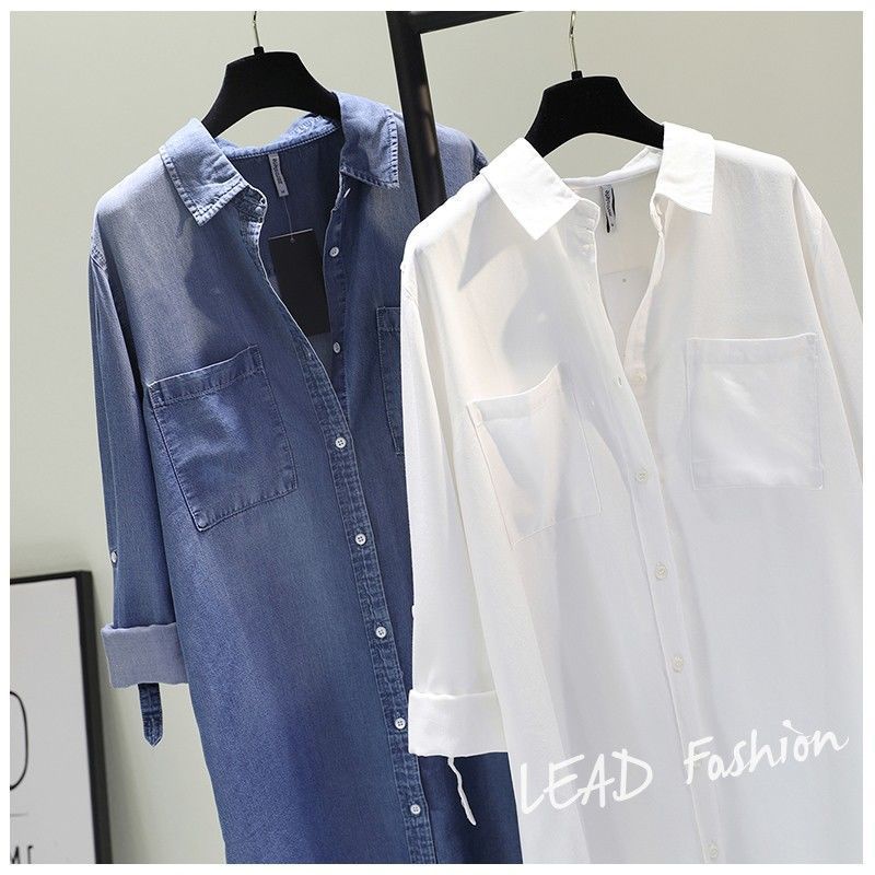 Đầm Sơ Mi denim Dài Vừa Tay Cuộn Hai Túi Thời Trang Xuân Thu Hàng Mới Dành Cho Bạn Nữ 2022