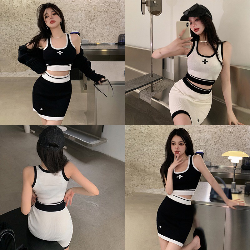 Set Áo Croptop Dệt Kim Màu Sắc Tương Phản Phối Chân Váy Lưng Cao Thời Trang Hè Quyến Rũ Cho Nữ