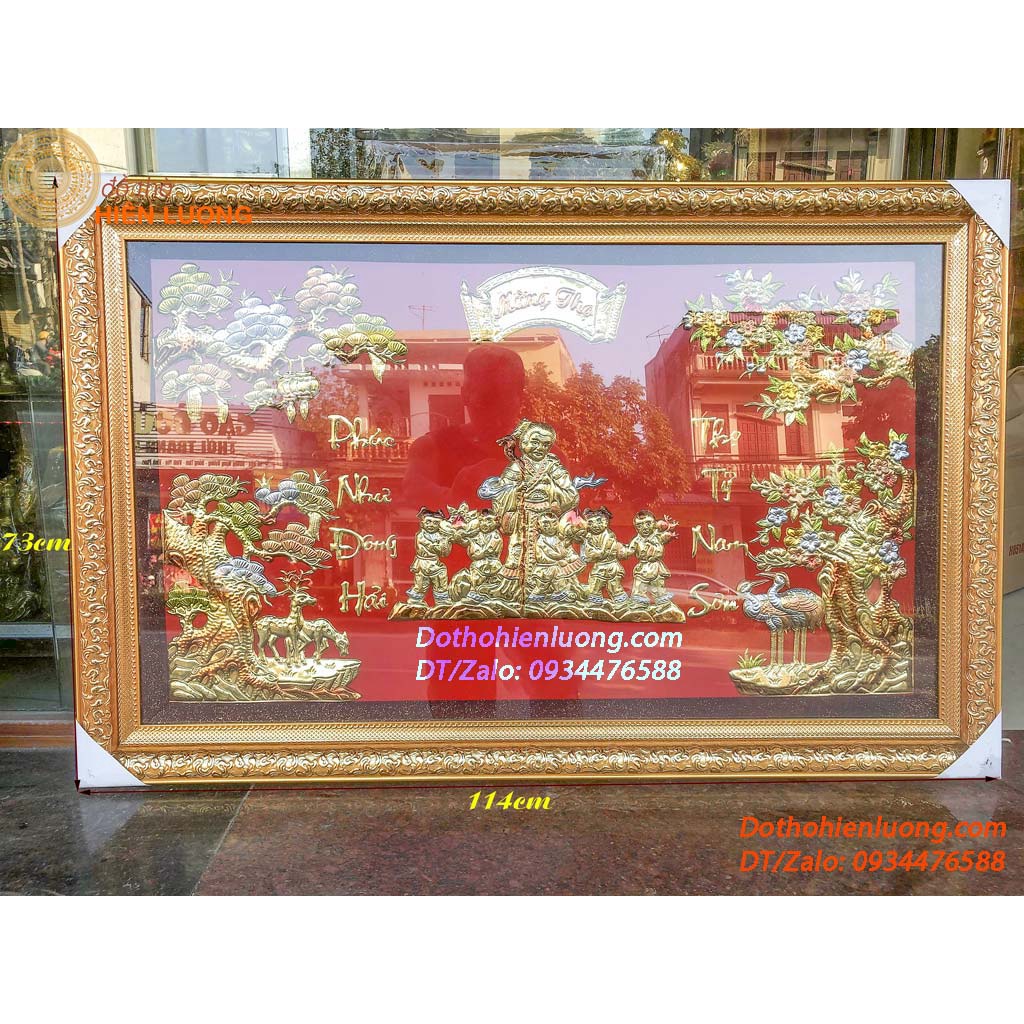 Tranh Mừng Thọ Bằng Đồng Khung Gỗ Dài 1,14m - Quà Tặng Ý Nghĩa
